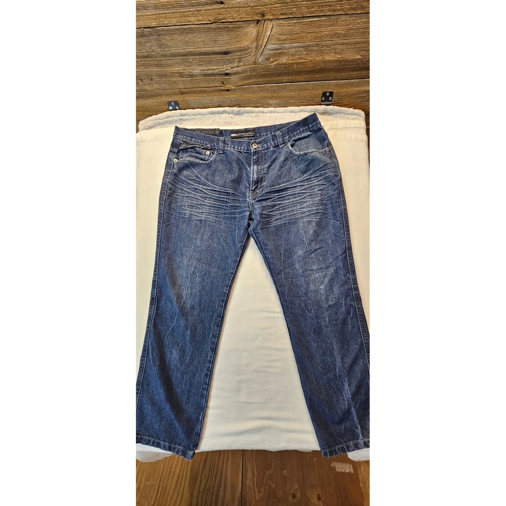 Most Official Seven Mens Straight Fit Blue Jeans 40x32 Whiskered Denim FW-2011